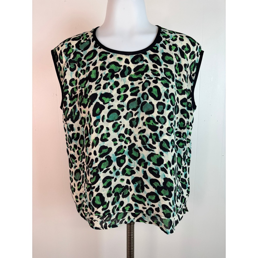Cabi Sleeveless Top XS Green Leopard Animal Print Layered Hem Blouse‎ Women